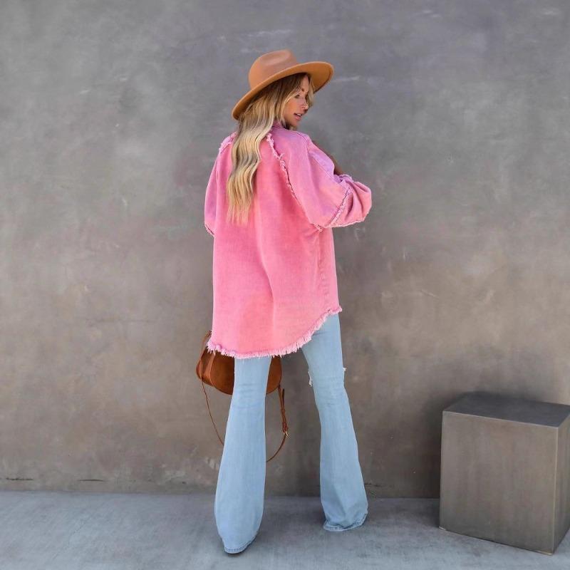 Autumn Long-sleeved Denim Jacket Women's Washed Rough Edge Medium and Long Loose Jacket