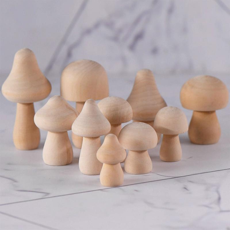 Unpainted Wooden Mushroom for Arts and Crafts Projects Decoration Various Sizes Wooden Mushroom Set of 10 DIY