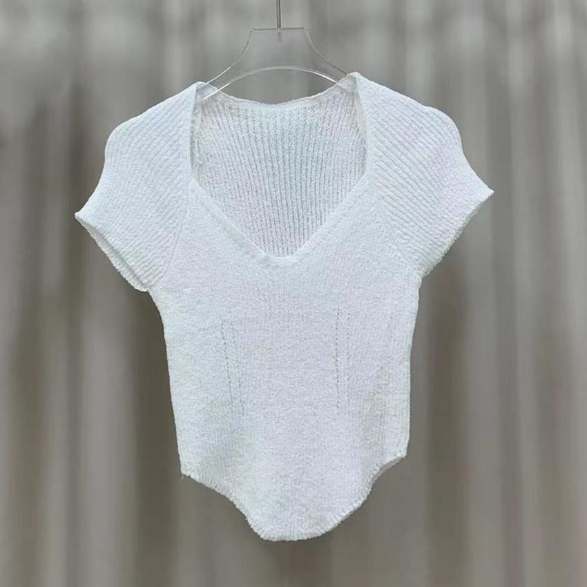 Pletená košile s krátkým rukávem s výstřihem do V Dámské letní modely Smysl pro design s pozitivním ramenem Niche Slim Krátké Nepravidelné Sladěné Topy Ležérní Pulovry Trička