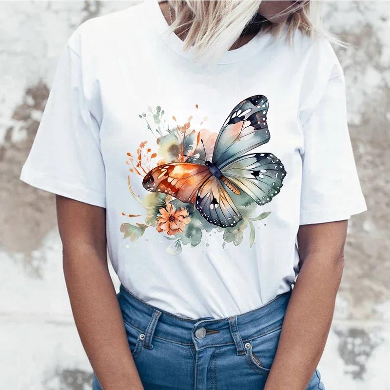 High quality  Flowers Butterfly Printing cottonn Fashion Short Sleeve Summer Cool Hip Hop Top woman