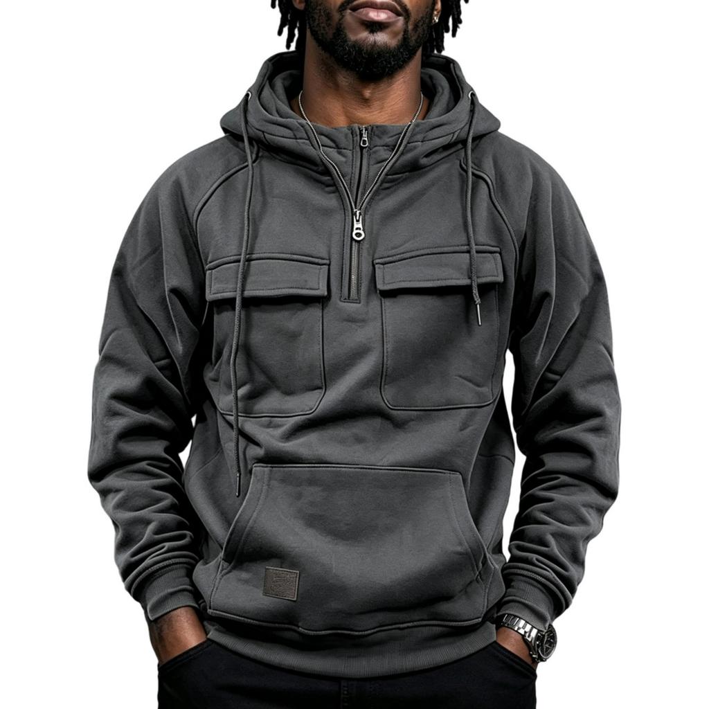 Men's Lined Hooded Pullover Sweatshirt with Multiple Pockets