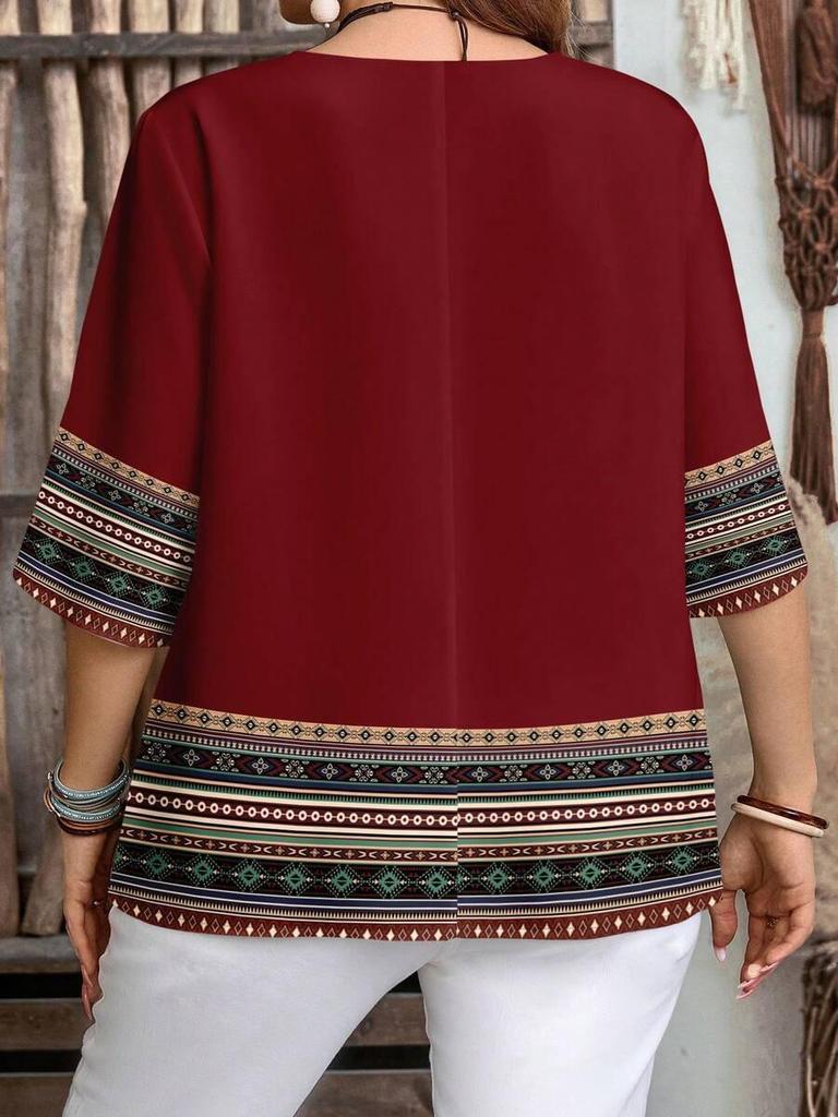 Plus Size Women's Casual V-Neck Buttoned Loose 3/5 Sleeve All-Over Print Shirt for Spring/Summer