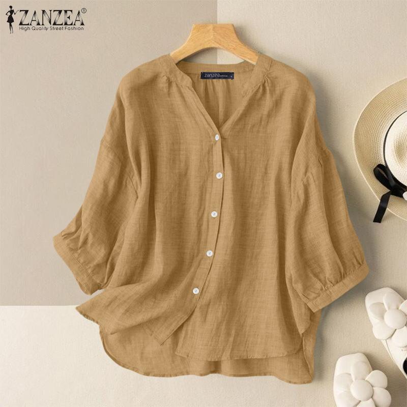 ZANZEA Women Round Neck 3/4 Sleeve Solid Color Casual Thin Blouses