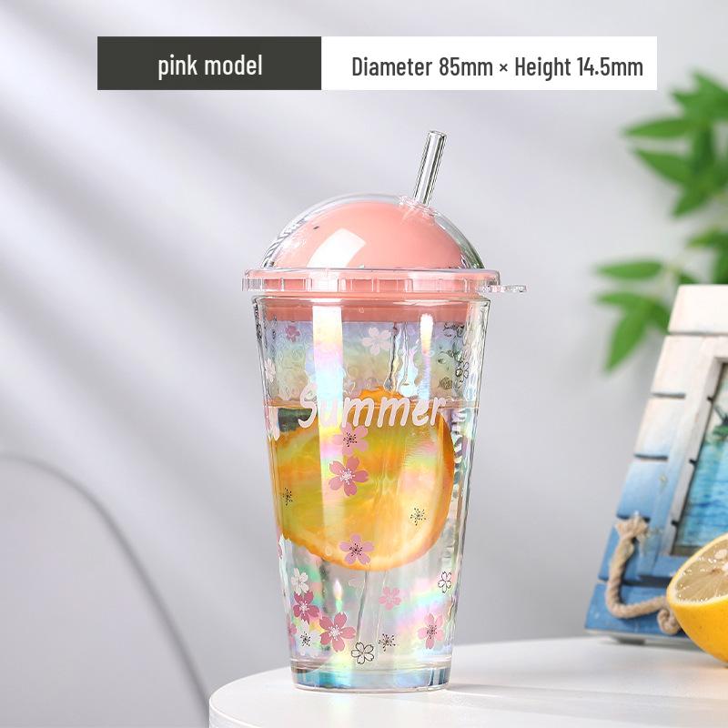 Stylish Cherry Blossom Starry Sky Glass Cup with Straw - Perfect Gift for Girls