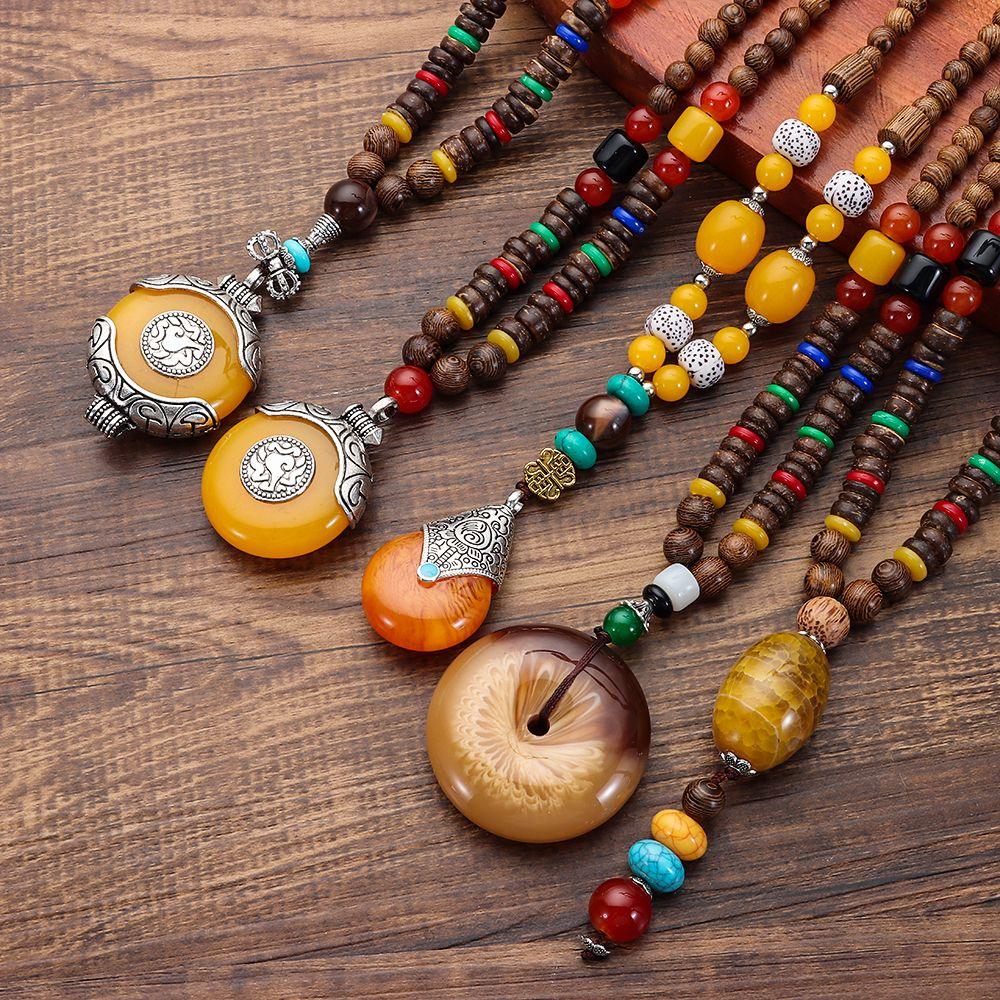 Handmade Nepal Buddhist Mala Bead Pendant Necklace Ethnic Wooden Bead Long Jewelry Gifts For Women