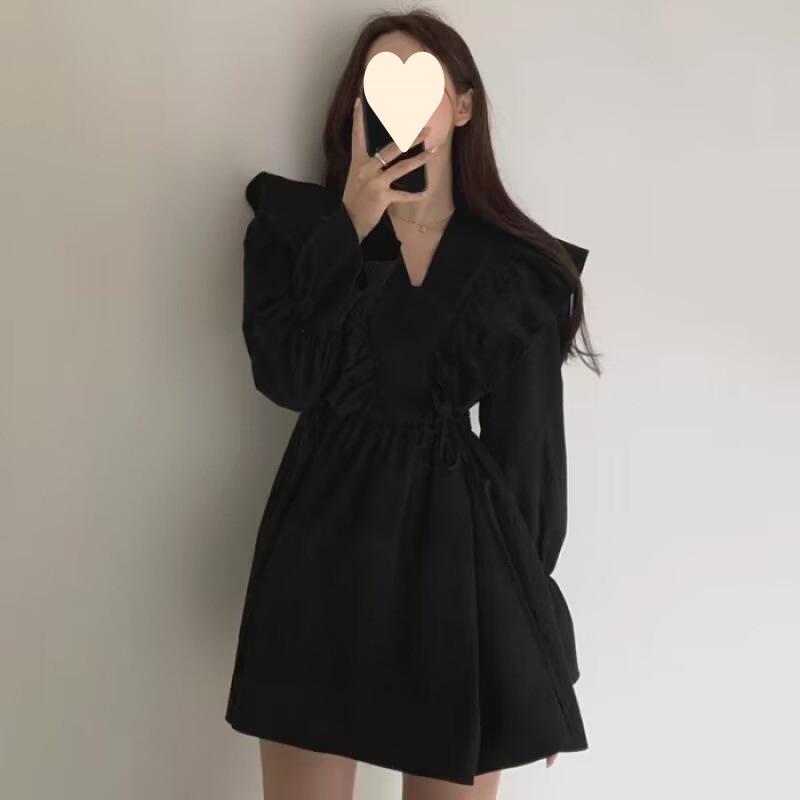 Spring Autumn Vintage V-neck Ruffles Waist Mini Dress Women Flare Long Sleeve Casual Fashion Robe Vestidos