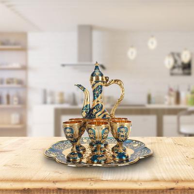 8pcs Gold Blue Vintage Tea Set Zinc Alloy Coffee Pot Cup Set Tea Pot Cup Set For Home Decor