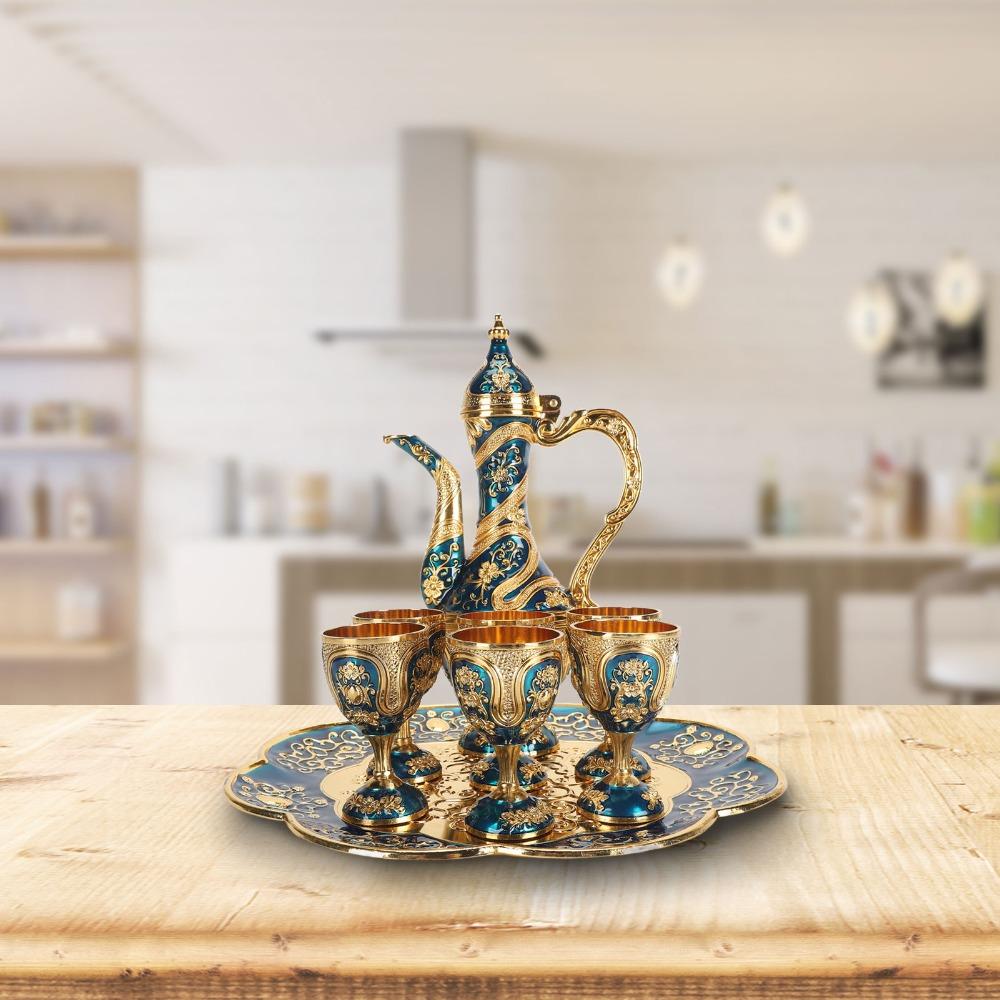 8pcs Gold Blue Vintage Tea Set Zinc Alloy Coffee Pot Cup Set Tea Pot Cup Set  For Home Decor