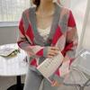 Autumn and Winter New V-neck Rhombus Contrasting Cardigan Sweater Jacket Loose Casual Knitted Women's Top