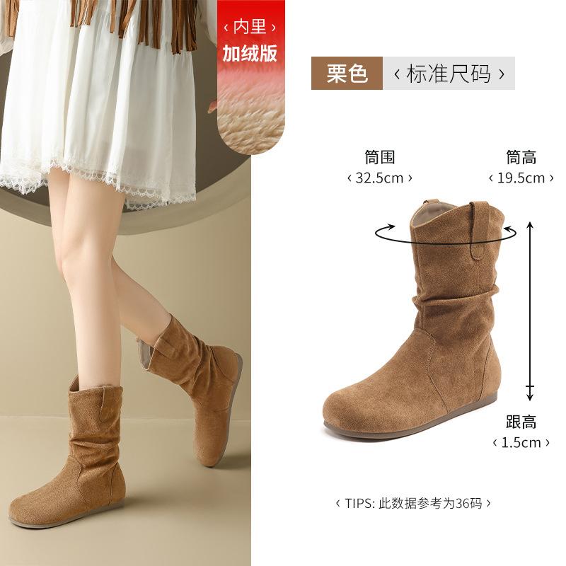 Short Boots Women's New Winter Velvet Retro Stacked Martin Boots Maillard Western Cowboy Boots