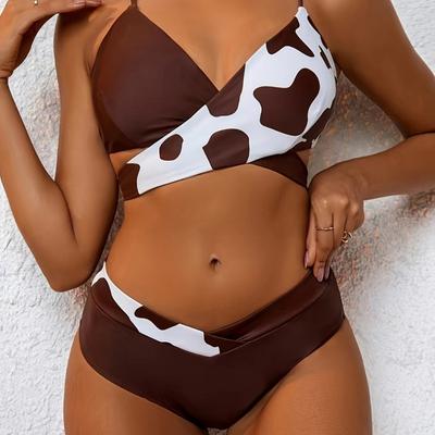 2025 Cow Print Patchwork Swimsuit Women High Waist Two- Piece Bikini Cross V-neck Bathing Suit Lace-up Backless Beach Swimwear