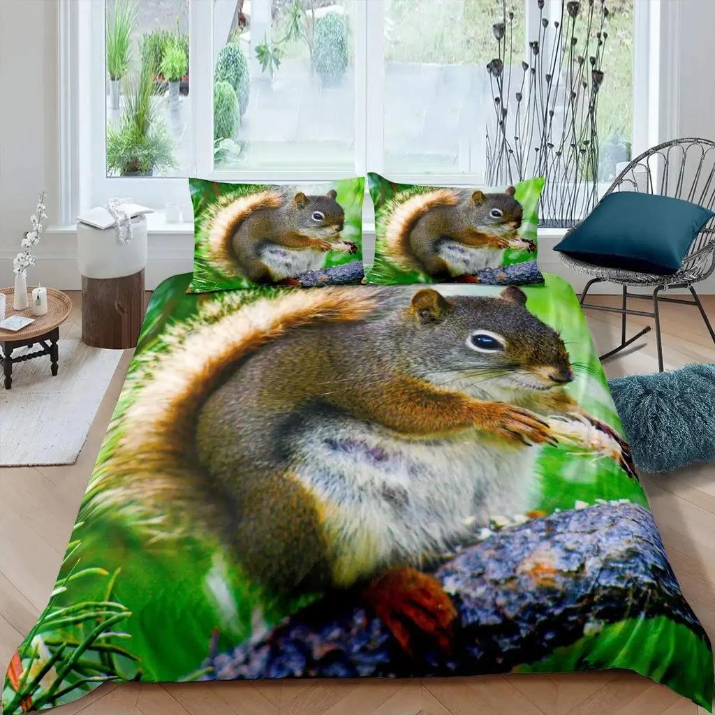 Cute Squirrel Duvet Cover Set Squirrel Bedding Sets 3D Animal Theme Comforter Cover For Boys Girls,Nature Theme Quilt Cover Set
