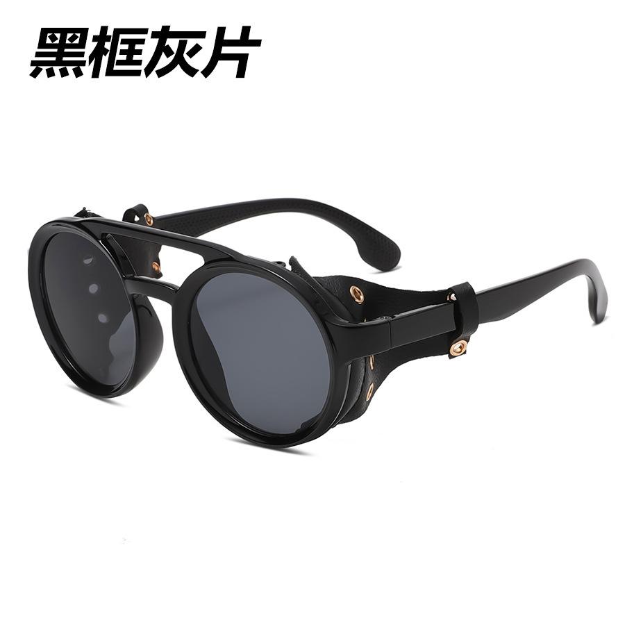Round Windproof Sunglasses, Black with Black, Retro Fashion Eyewear for Outdoor Activities