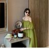 Women's Summer 2025 Green Spaghetti Strap Off-the-Shoulder Maxi Dress - Elegant French Beachwear