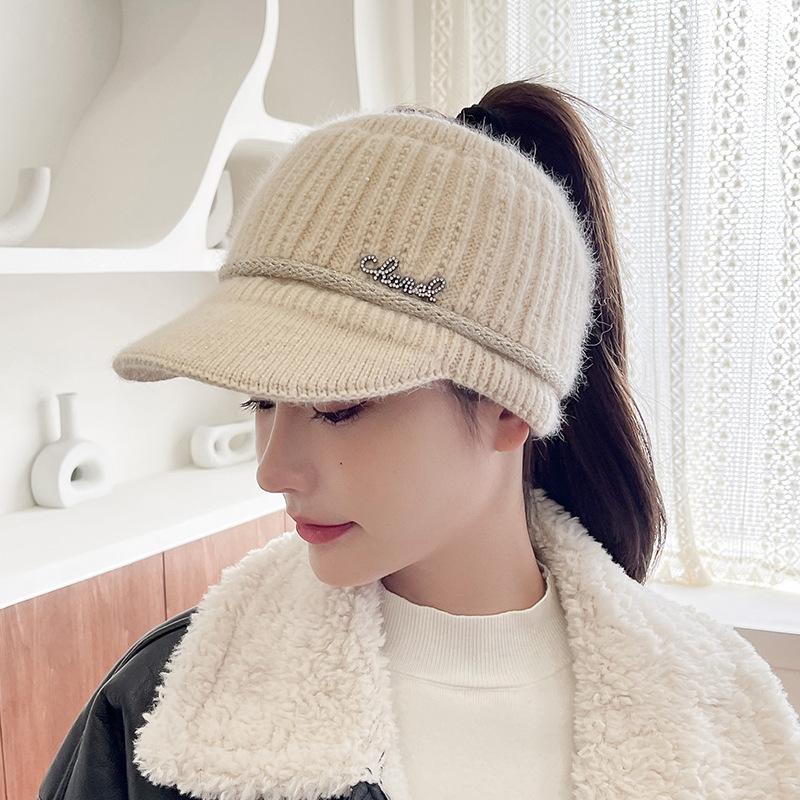 Autumn and winter versatile iron standard knitted rabbit wool hat women's fleece thickened warm ear protection duck tongue empty top hat