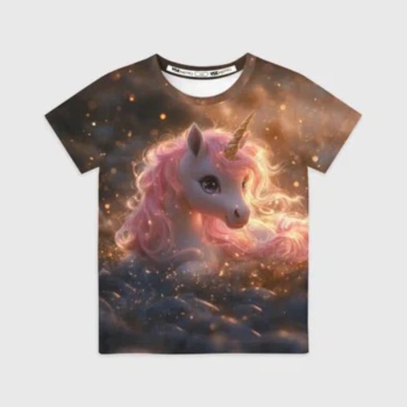 Children's Cartoon Unicorn Print Multi-color T-shirts Girls Fashionable Sof Comfortable T-shirt