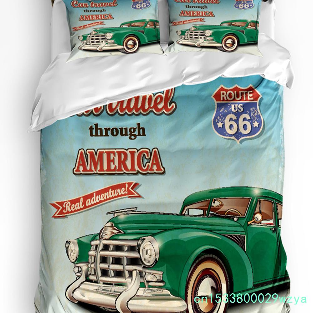 3-teiliges Bettwäscheset Klassisches Auto Vintage Poster Heimtextil Bettbezug Kissenbezug Junge Kind Teenager Mädchen Bettwäschebezüge Set