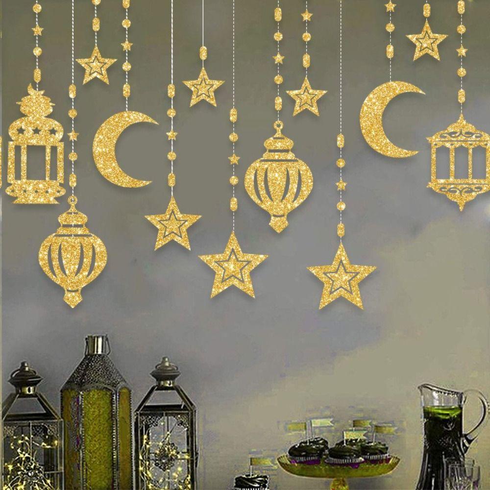 DIY Paper Ramadan Kareem Decor Gold Silver Hang Garland Star Moon Lantern Eid Atmosphere