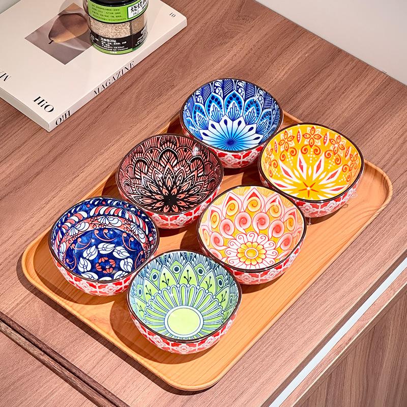 6Pcs Japanese Bohemian Mini Ceramic Bowl Barbecue Dipping Dish Sashimi Sushi Soy Sauce Dishes Snack Fruit Dessert Plates