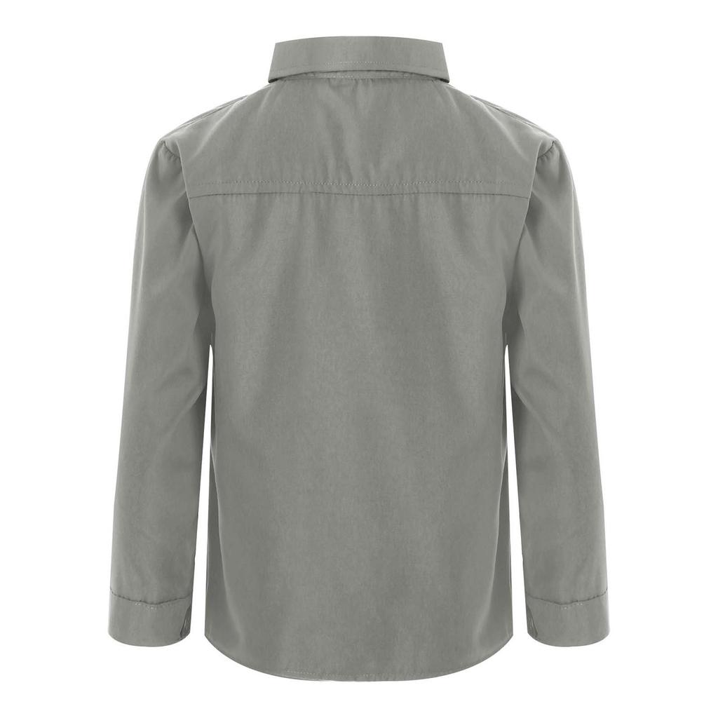 Boys Solid Color Dress Shirt Long Sleeve Collared Button Down Design Chest Pocket Casual Top