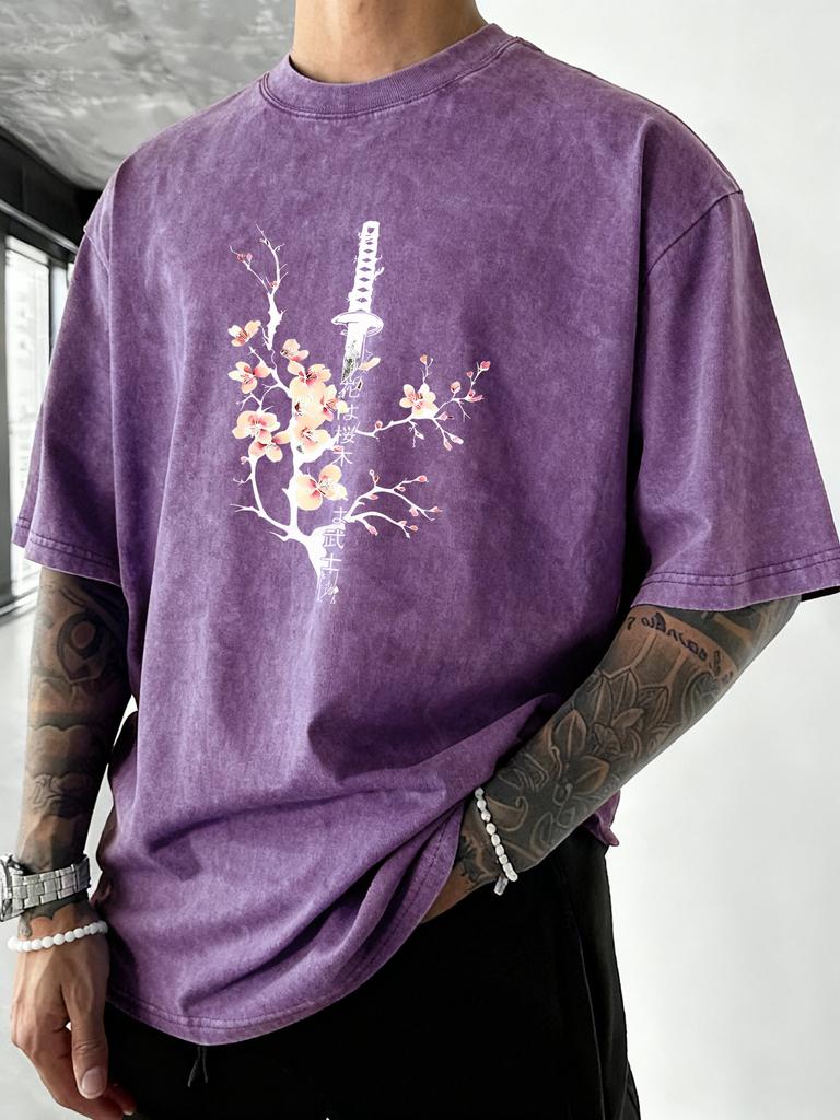 Japanese Cherry Blossom Sword Print Mens Washed TShirt Summer Cotton Short Sleeve Sport Running T Shirt Casual Loose Top