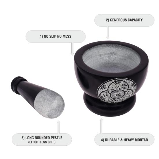 Divit Shilp Mortar and Pestle, Natural Stone Grinder for Spices, Pastes, Herbs, Seasoning etc. (Black with Engraving)