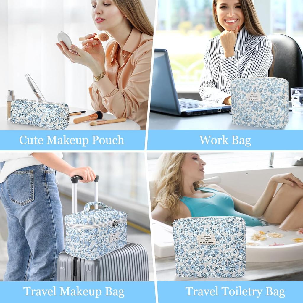 Gosect Makeup Bag, Large Quilted Cosmetic Bag, Big Floral Make Up Bag for Women Girls, Cute Cotton Makeup Bag Set, Flower Travel Toiletry Organizer