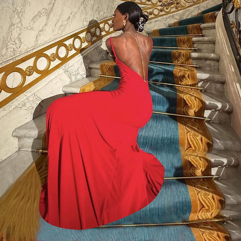 Autumn and Winter Women's Temperament Sexy Big Backless Solid Color  Slim-fit Senior Dress Halter Dress Buy cheaply on Joom