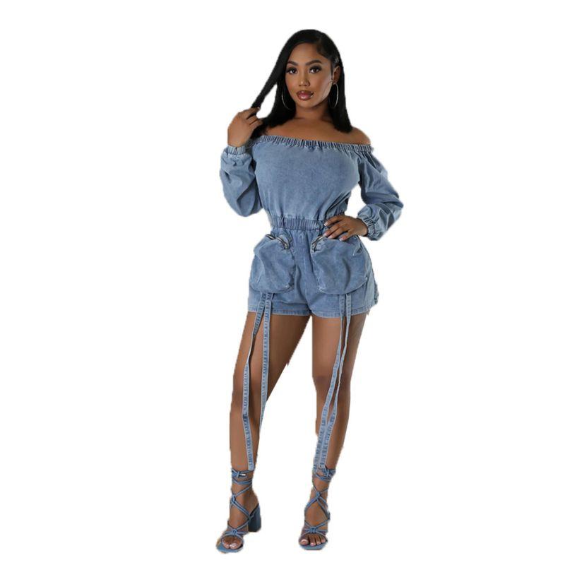 Western Style Personality Multi-pockets Denim Sexy Wash Short Elastic Wrap-around Elastic Waist 9822 One-Piece Clothes and Trousers