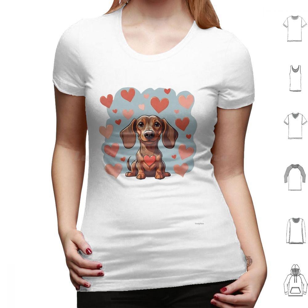 Cute Valentine Daschound Dog T Shirt Cotton Men Women DIY Print Dog Breeds Cute Dog Dog With Hearts Valentine Dog Animals