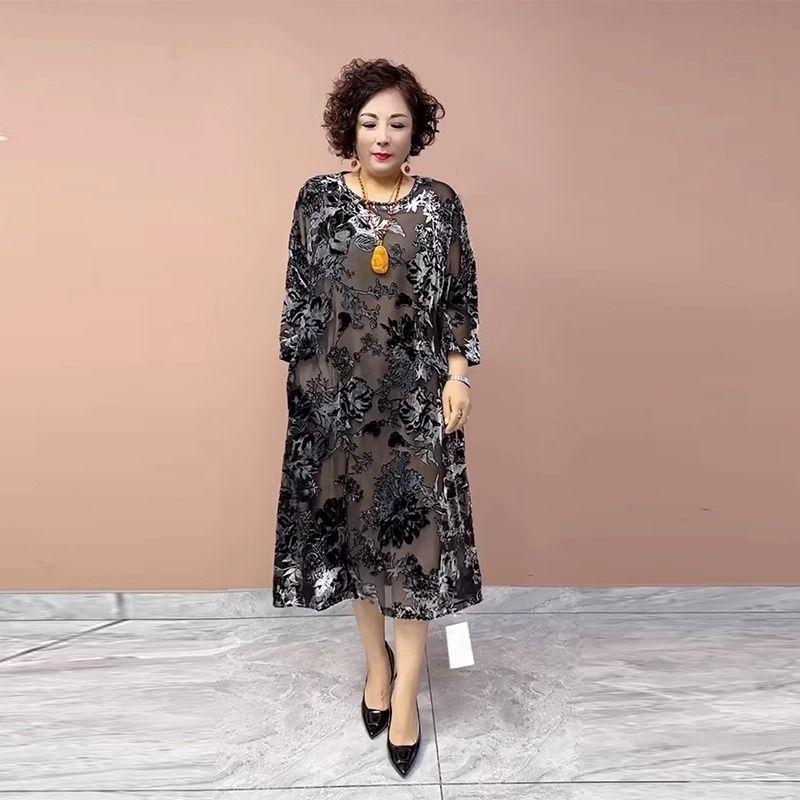 High-end Women's golden Velvet Dress Long Plus-Size Silk Dress Loose Floral A-Line Dress Spring Autumn