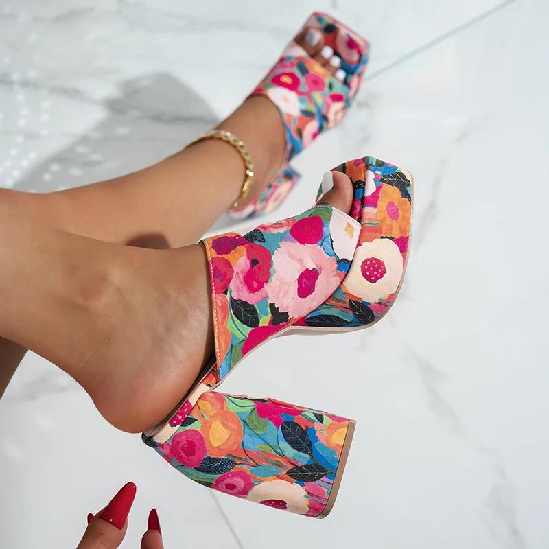 Fashion Chunky Platform Thick Heels Sandals Women Summer 2025 Super High Heeled Square Toe Mules Shoes Woman Holiday Floral Sandalias 42