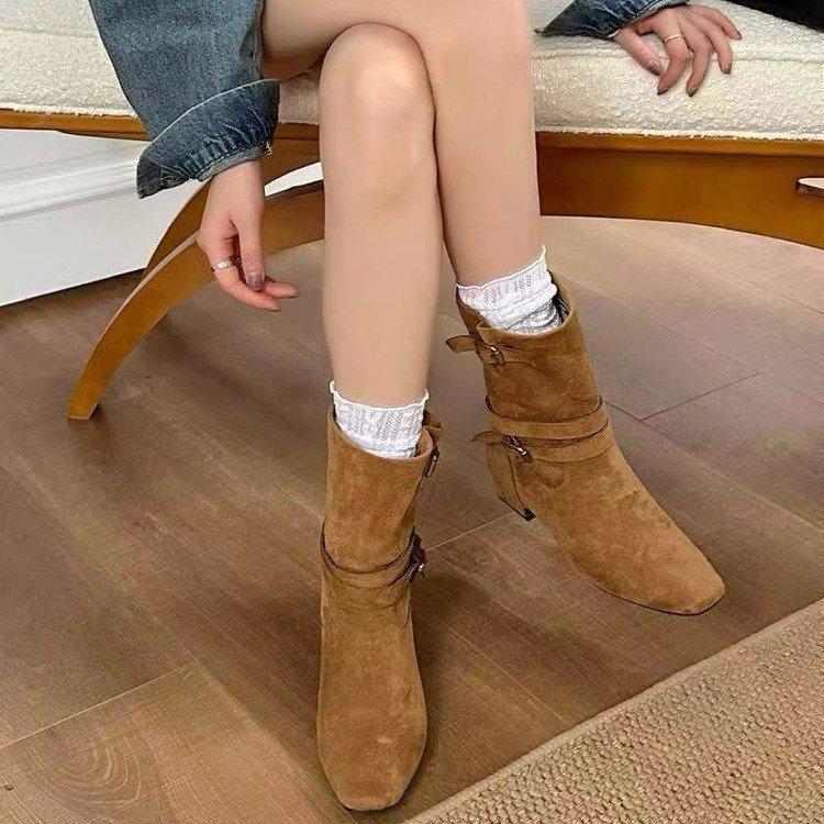 2025 Korean Version of the New Niche Design Retro French Boots Small Square Head Western Boots Thick Heel Martin Boots Women's Boots