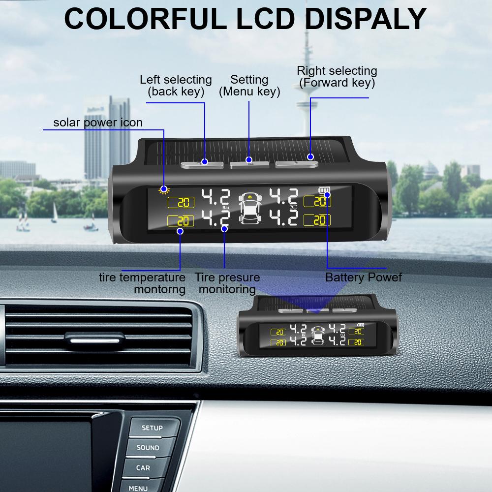 TPMS Tyre Pressure Monitoring System Solar Power LCD Display with 4 Internal/External Sensor  Waterproof Temperature Warning