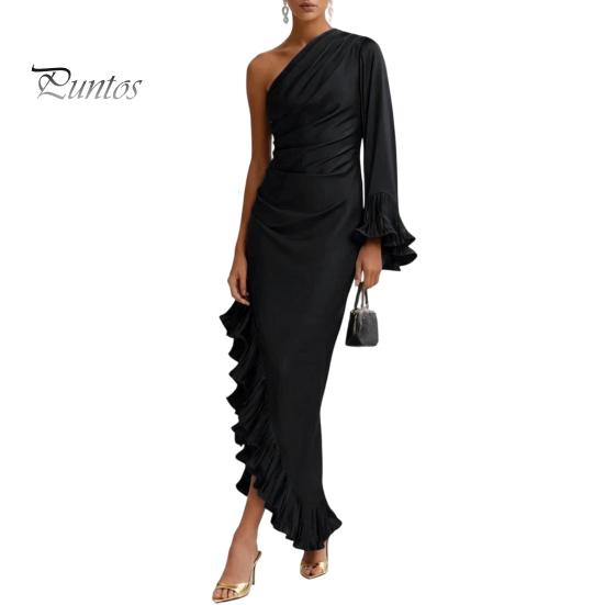 Soft Fabric Dress Women's One Shoulder Asymmetric Ruffle Satin Dress, Formal Everyday Wear Evening Party Gown, Long Sleeve Ruched Bridesmaid