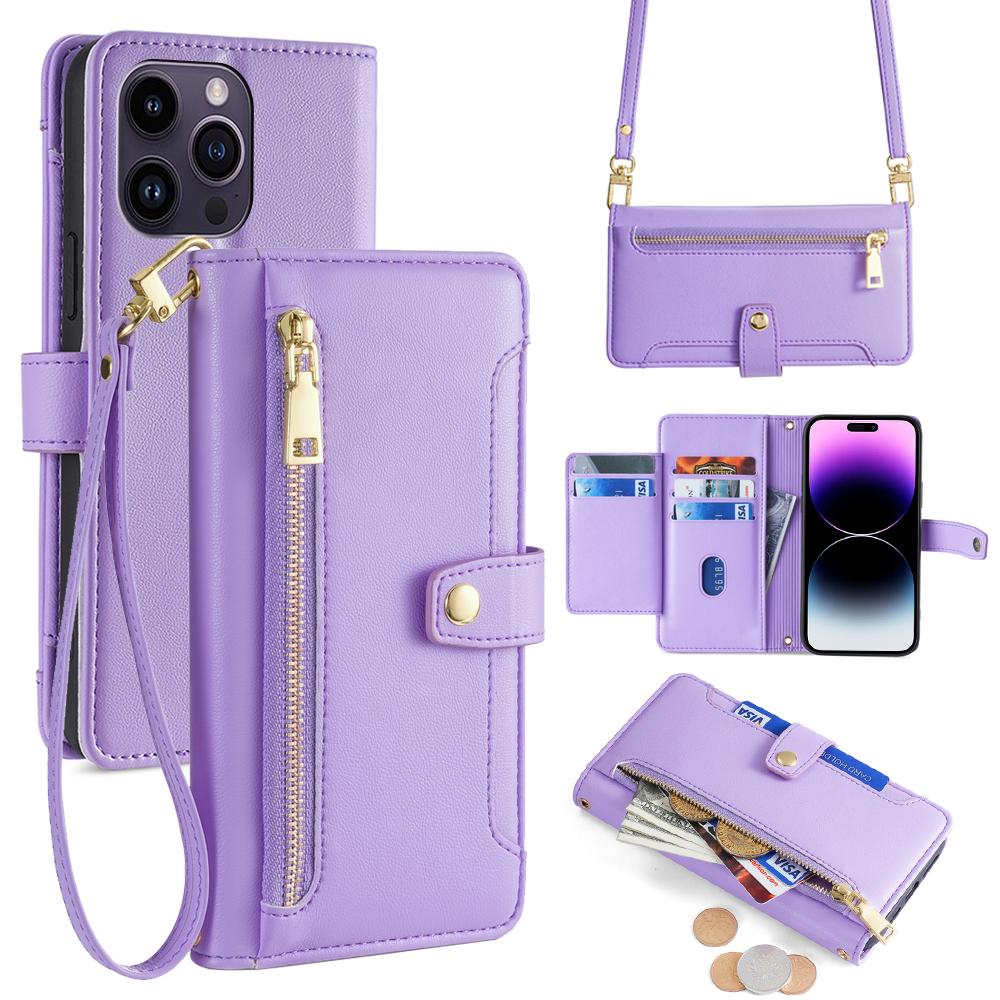 

For iPhone 14 Pro Max Case Zipper Pocket Wallet Leather Phone Cover with 2 Straps Purple