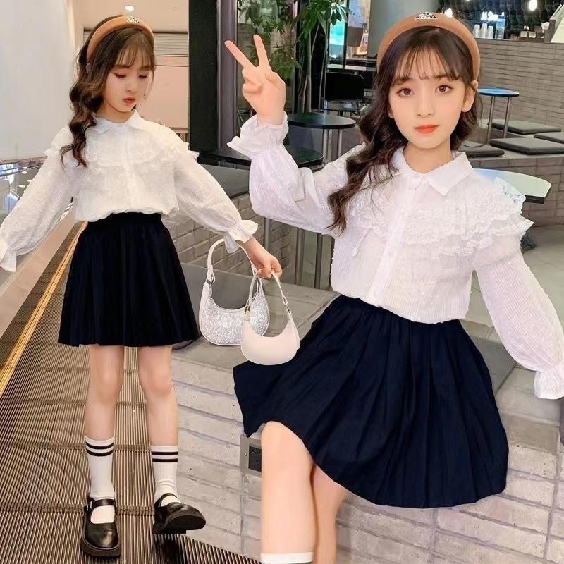 Biała Koronkowa Koszula Lolita z Kokardą z Długim Rękawem dla Dziewczynek: Styl koreański, Wszechstronny, Słodki na wiosnę i jesień