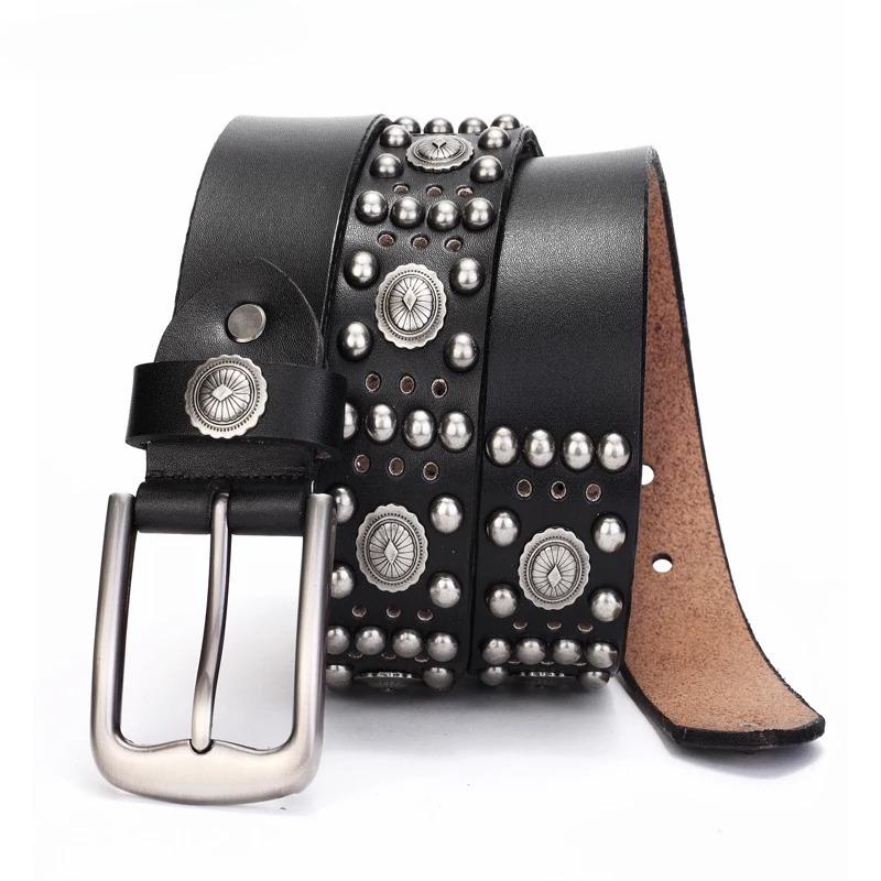 Hochwertiger Cowboygürtel mit Metallnieten, Top-Grain-echtes Leder, Rindsleder, Herrengürtel, Punk-Nieten, Jeansgürtel für Männer