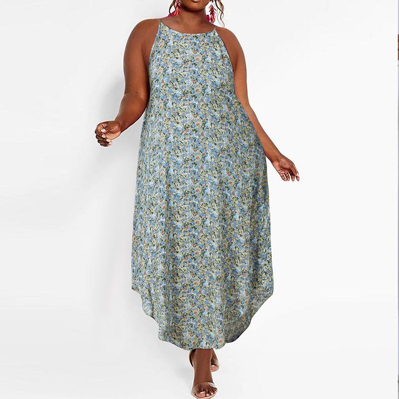 

Летнее женское свободное длинное платье без рукавов с цветочным принтом и нерегулярным подолом больших размеров M зелёный