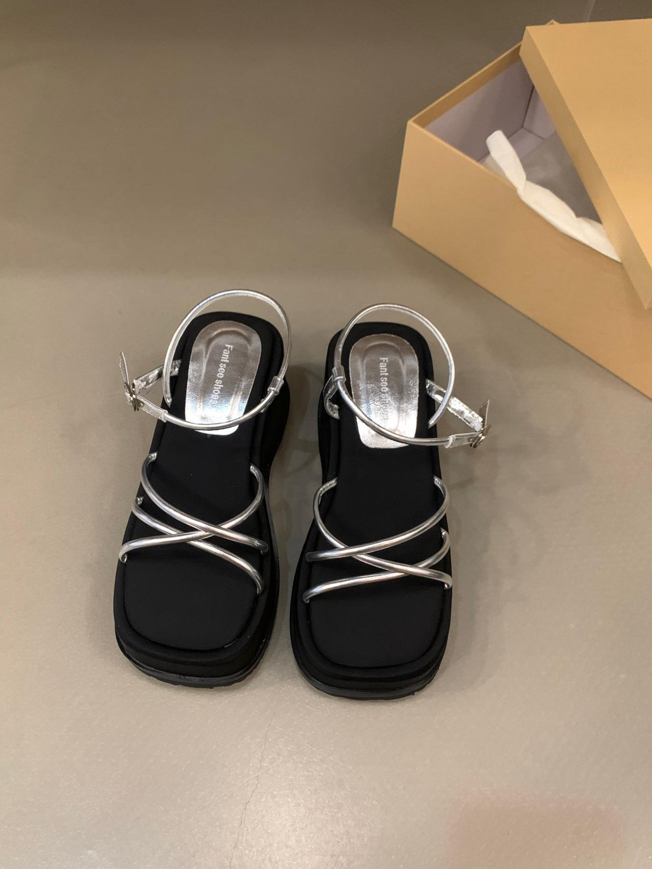 

European Station 2025 Summer New Wedge Heel Strap Platform Sandals Women s Height Increase One-word Silver Roman Shoes 35