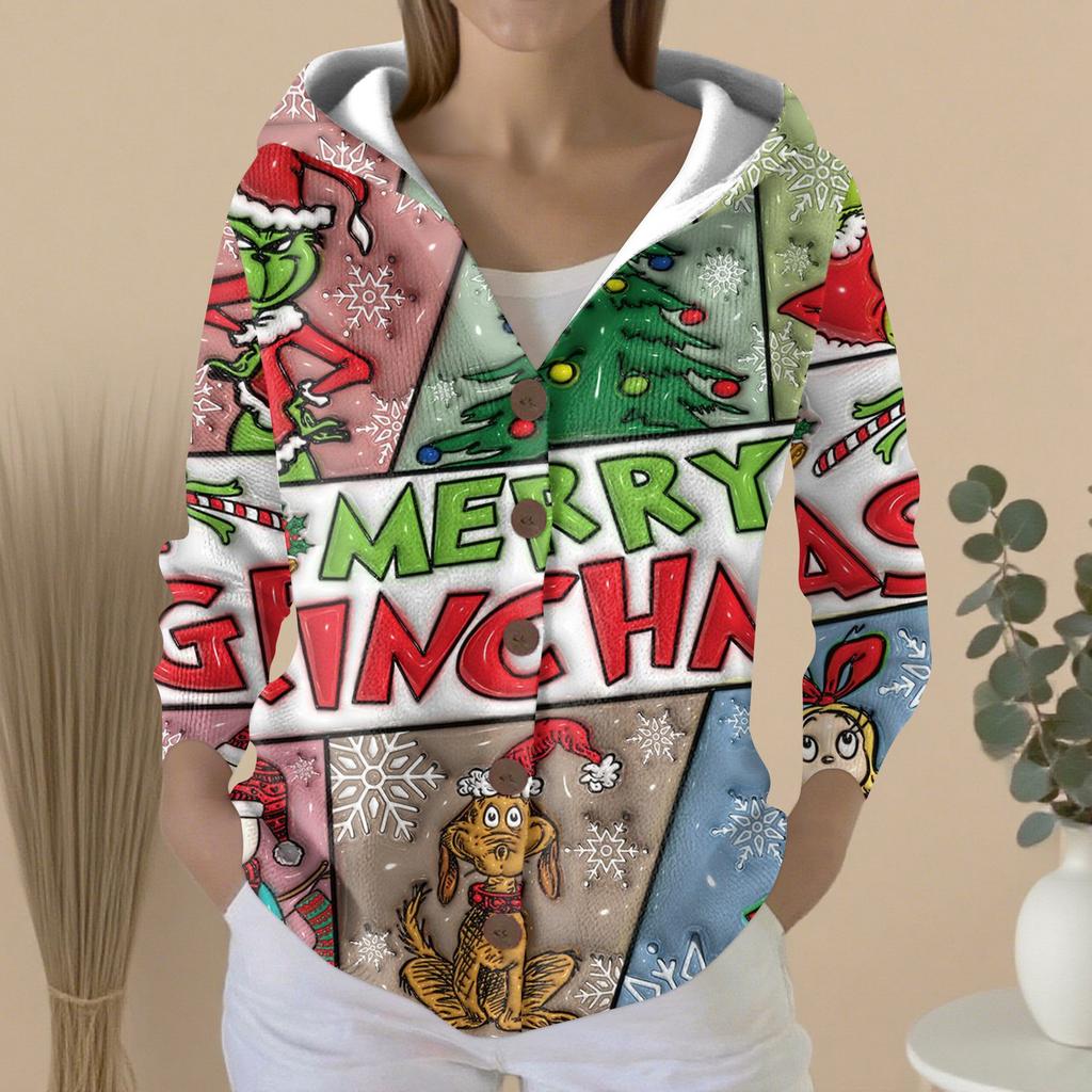 Women's Fashion Casual Sweater Button-Up Print Cardigan  Hooded Jacket