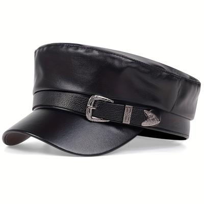 Mode Frauen Große Gürtelschnalle Leder Hut Frühling Herbst Sailor Hüte Schwarz Damen Baskenmütze Caps Männer Flat Top Kapitän Militär Kappe
