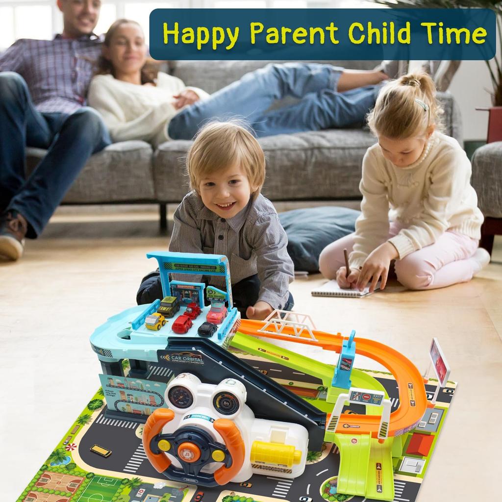 Ensemble de jeu de pistes de voiture de course 2-en-1 pour enfants, Piste de rampe de voiture jouet et Parking élévateur, Ensemble de jeu de piste de voiture double mode pour tout-petits avec