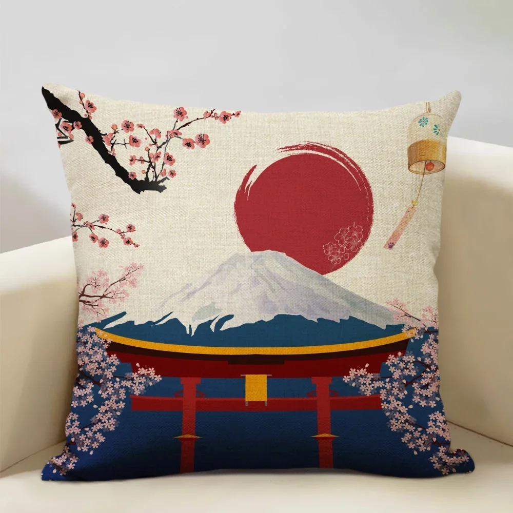 Home Decor Japanese Scenes: Cherry Blossoms & Mt. Fuji Pattern Cushion Cover Suitable for Sofa Bedroom Car Pillow Cover