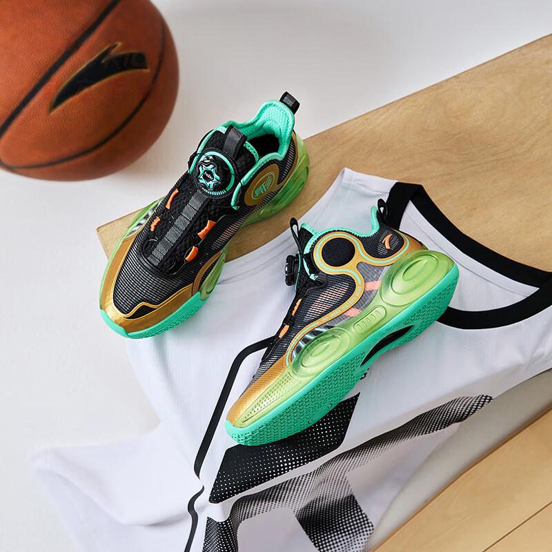 Anta Kids Asymmetrical 3 Shock Absorbing Wear Resistant Breathable Mid Top Basketball Shoes Kids Basketball Shoes Black Gold 312331102-5