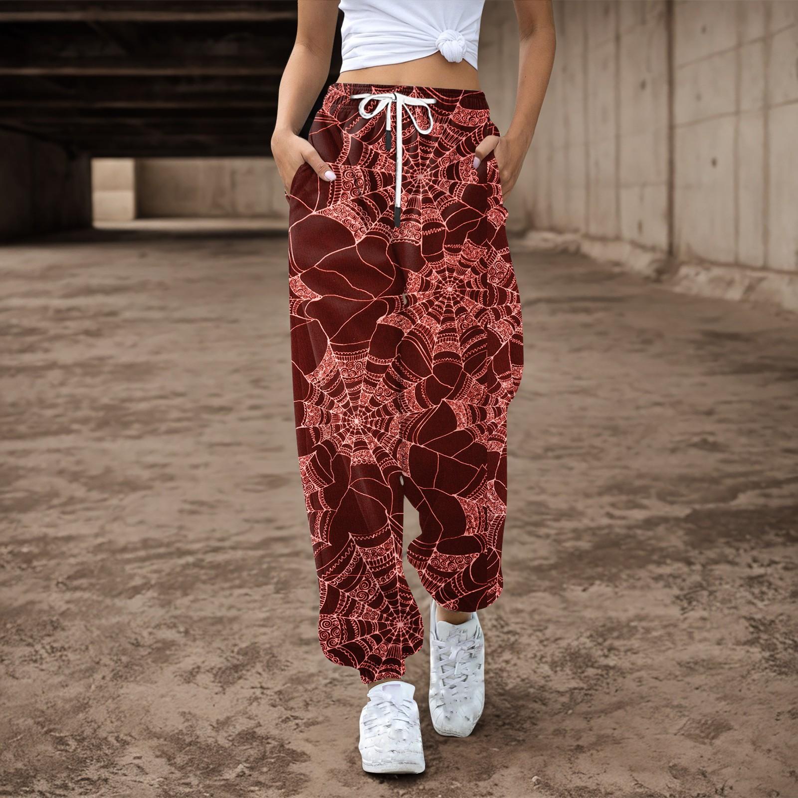 

Женские спортивные штаны, мешковатые, с высокой талией, большие размеры, спортивные штаны с карманами, напечатанные брюки, брюки для женщин L винный