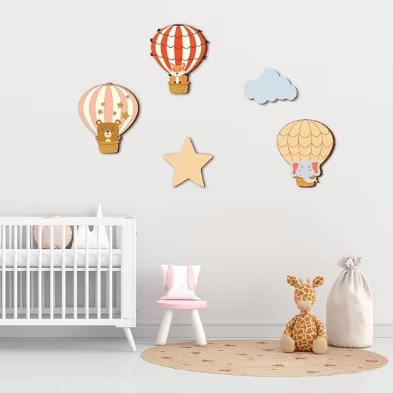 5Pcs/Set Hot Air Balloon Wall Decoration Farmhouse Rustic Wooden Star Cloud Wall Art Home Office Living Room Wall Hanging Ornament