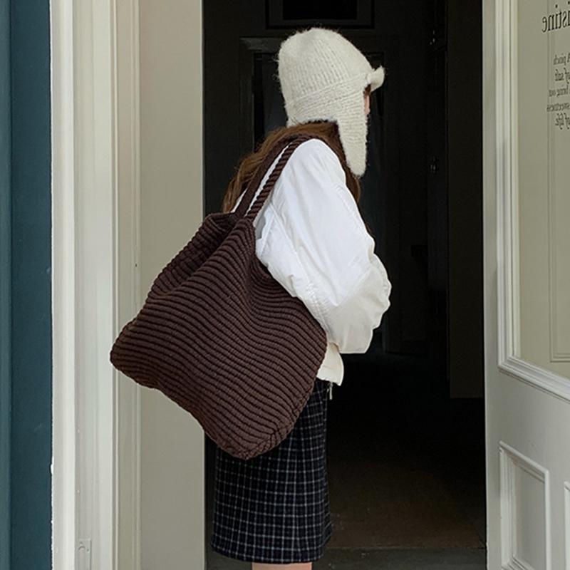 Retro Knitted Handbag for Women Autumn Winter New Design Solid Color Knitted Bag Large Capacity Travel Shoulder Bag CLE