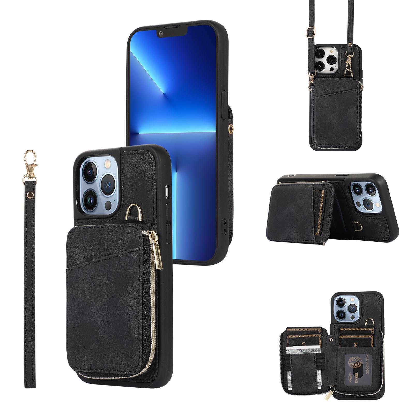 

For iPhone 13 Pro Max Slim-Fit Phone Cover Zipper Wallet Phone Cover Kickstand PU Leather+TPU Shell Black