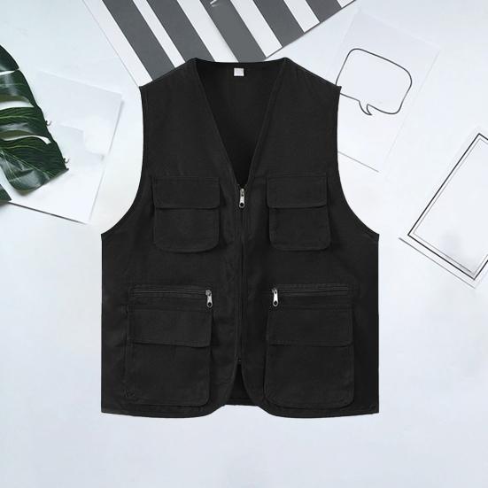 Solid Color Multiple Pockets Vest Coat V-neck Zipper Placket Thin Unisex Outdoor Photographer Volunteer Waistcoat Hiking Clothing